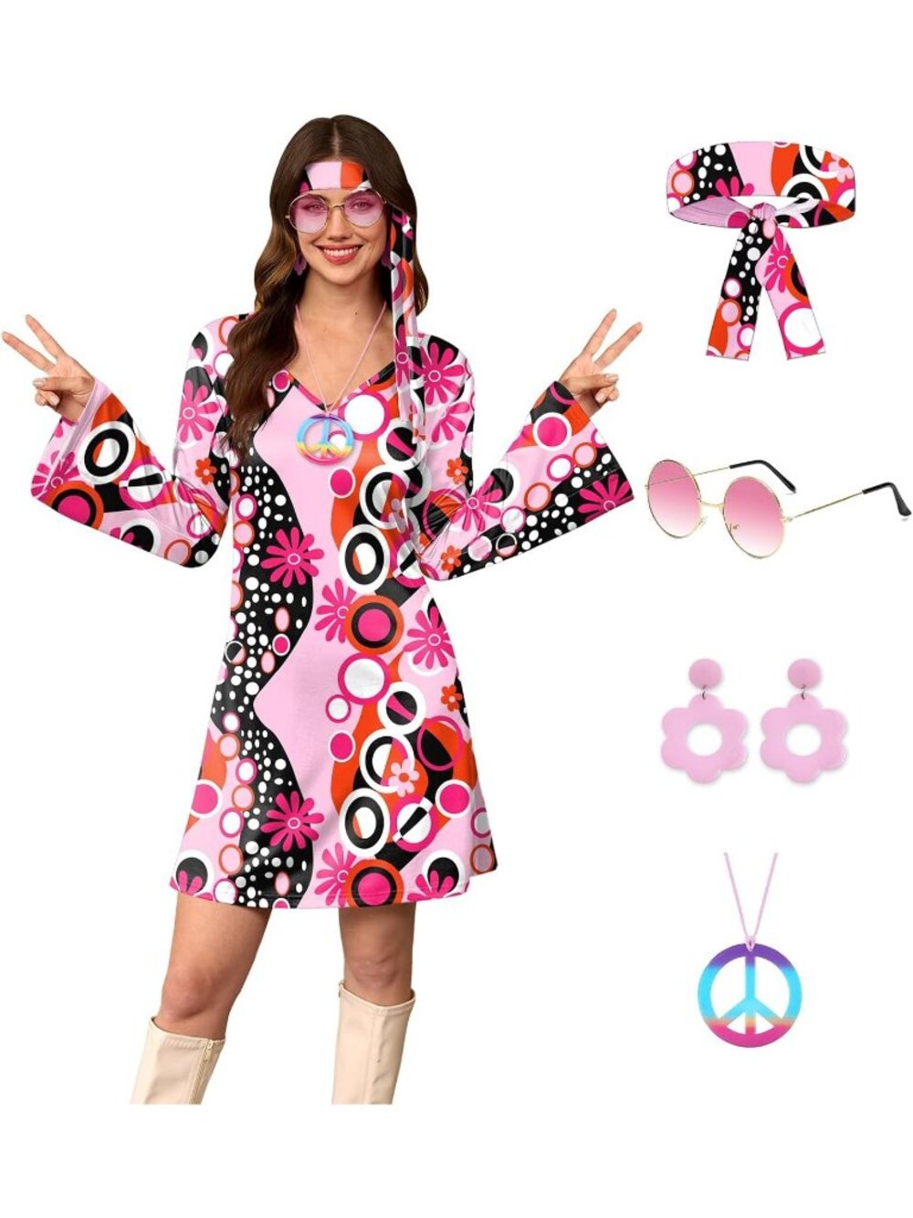 Women's Pink | Hippie 70s Hippie Halloween Costume Sunglasses Dress 5-Piece Set